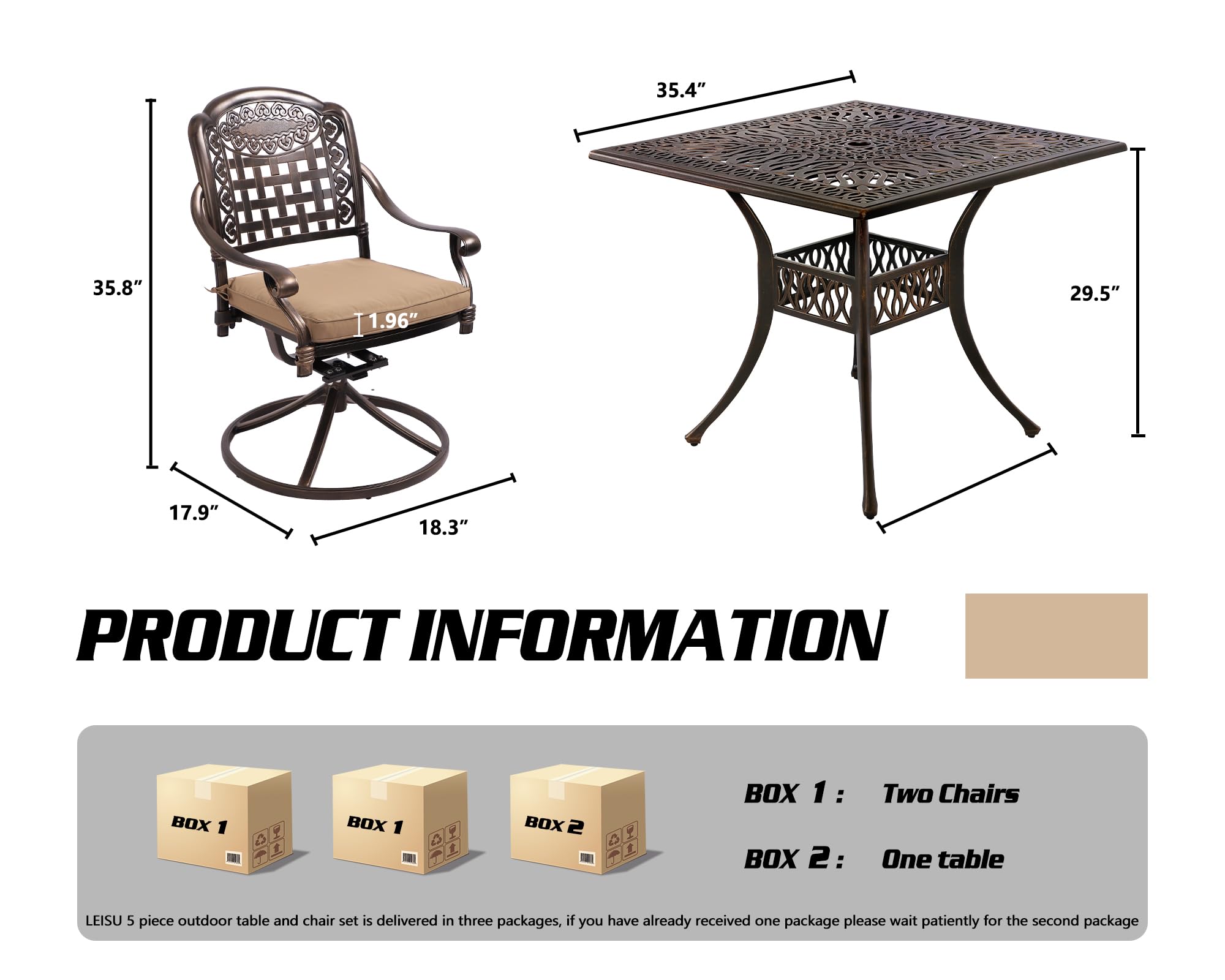 USSerenaY 5-Piece Outdoor Dining Set Cast Aluminum Patio Furniture Set All-Weather 4 Chairs and Dining Table with Umbrella Hole for Garden, Backyard (Braided+Khaki Cushion, Square Table)