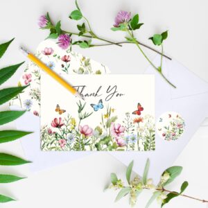 Whaline 20 Pack Wildflower Thank You Cards Bulk Flower Butterfly Greeting Cards with Envelopes and Stickers Spring Floral Blank Note Cards for Birthday Wedding Baby Shower Bridal Shower, 4 x 6 Inch