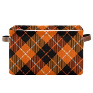 nfmili orange black plaid storage basket, fabric storage cubes bins, open home storage bins with handle 14.2 x 10.2 x 8.3 in