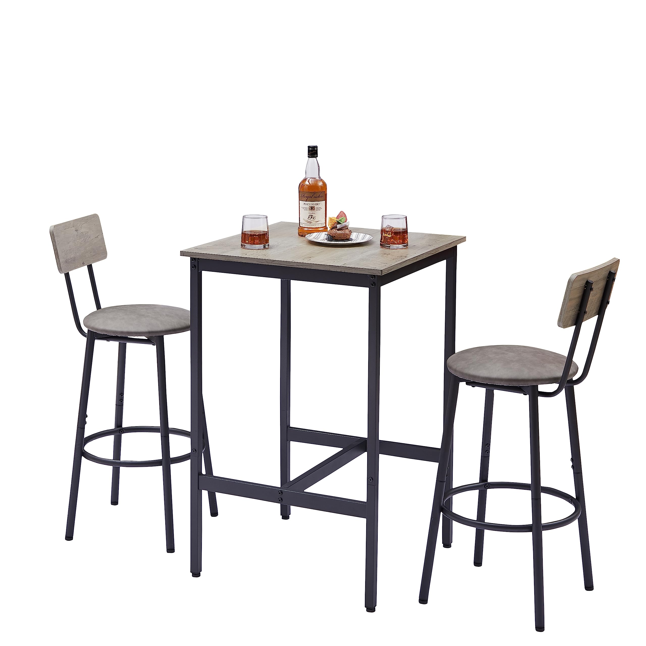 LostCat Bar Table and Chairs Set, Sqaure Bistro Table and Chairs Set of 2 with PU Soft Seat and Backrest, Dining Table Set for Small Spaces, Kitchen and Bar, Rustic Grey