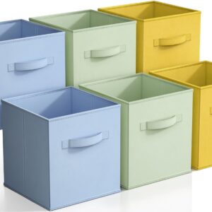 Sorbus 11 Inch Cube Storage Bins Bundle - Set of 6 Pastel Rainbow Bins & Set of 6 Blue, Green, and Yellow Bins (12 Storage Bins Total)