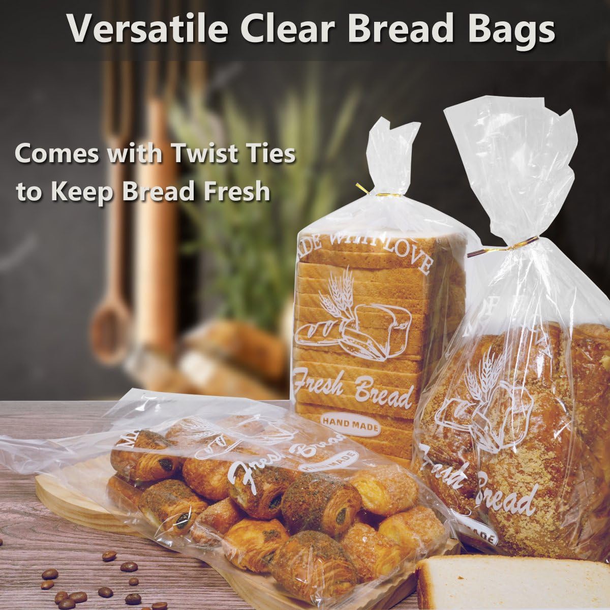 Bread Loaf Packing Bags with Ties, Large Bakery Homemade Bread Plastic Bags, 8” x 4” x 18”,40 Pack, Printed Bread Bags Reusable Adjustable