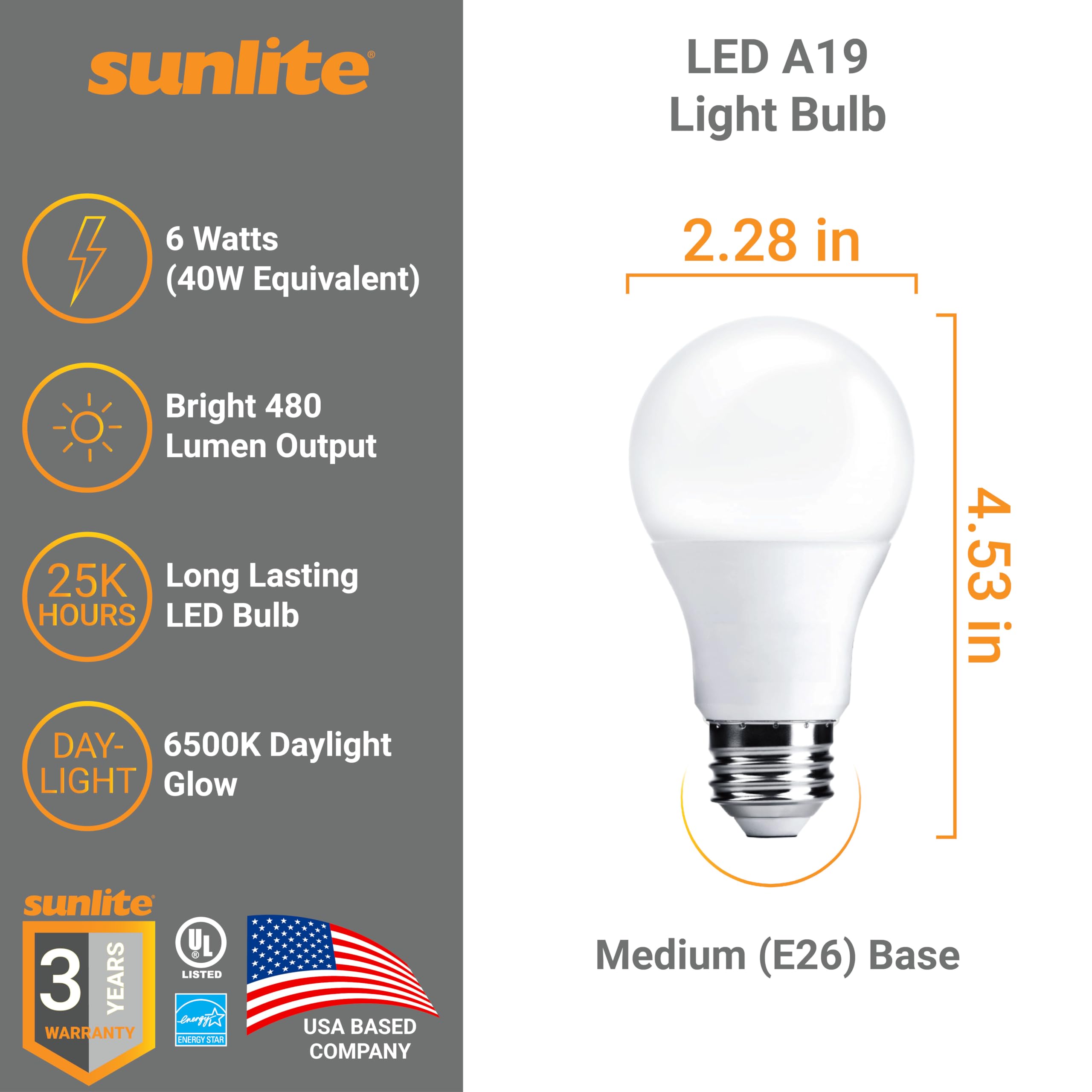 Sunlite LED A19 Light Bulb, 6 Watts (40 Watt Equivalent), 480 Lumens, 120 Volts, Dimmable, Medium E26 Base, Energy Star, UL Listed, RoHS, 6500K Daylight, 1 Pack