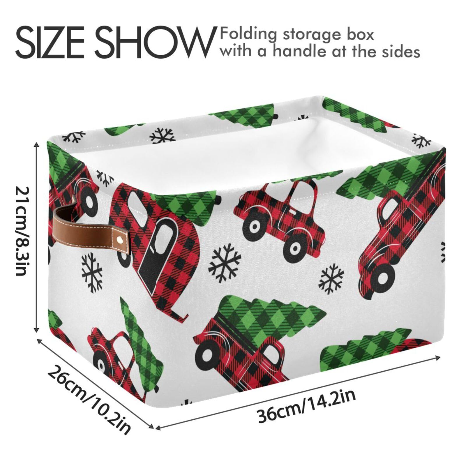 Christmas Buffalo Plaid Truck Storage Basket Collapsible Storage Bins Cubes Box Toy Chest Fabric Clothes Hamper Gift Baskets for Shelves Office Nursery Home Shoes with Leather Handles