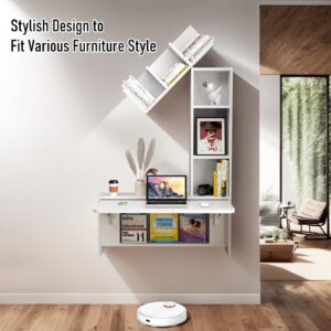 Bixiaomei Folding Wall Mounted Drop Leaf Table, Foldable Desk with Moveable Cabinets, Floating Laptop with Convertible Storage Shelves, Multifunctional Computer Workstation in Home for Space Saving