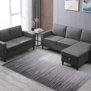 ijuicy 2PCS Sectional Sofa Set,3 Seat Couch & Loveseat Sofa with Side Pockets & Movable Storage Ottoman, Modern Convertible Upholstered Couches for Living Room,Office (3+2Seat/Dark Grey)