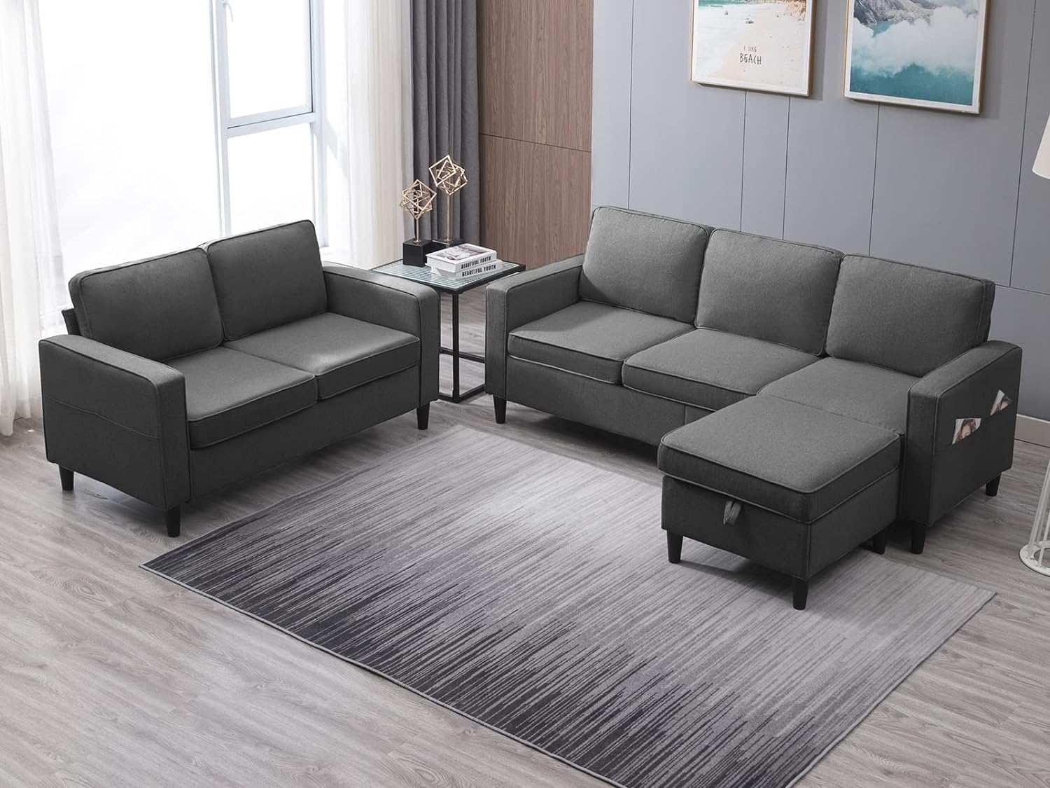 ijuicy 2PCS Sectional Sofa Set,3 Seat Couch & Loveseat Sofa with Side Pockets & Movable Storage Ottoman, Modern Convertible Upholstered Couches for Living Room,Office (3+2Seat/Dark Grey)