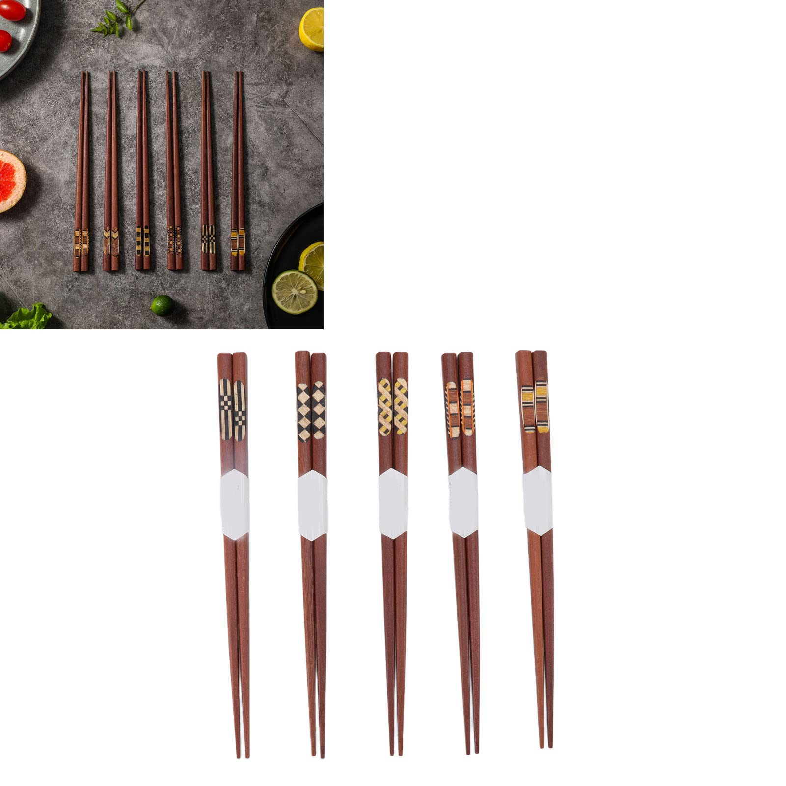 Wooden Chopsticks, 5 Pair Wooden Chopsticks Red Sandalwood Grooved Pattern Reusable Chop Sticks