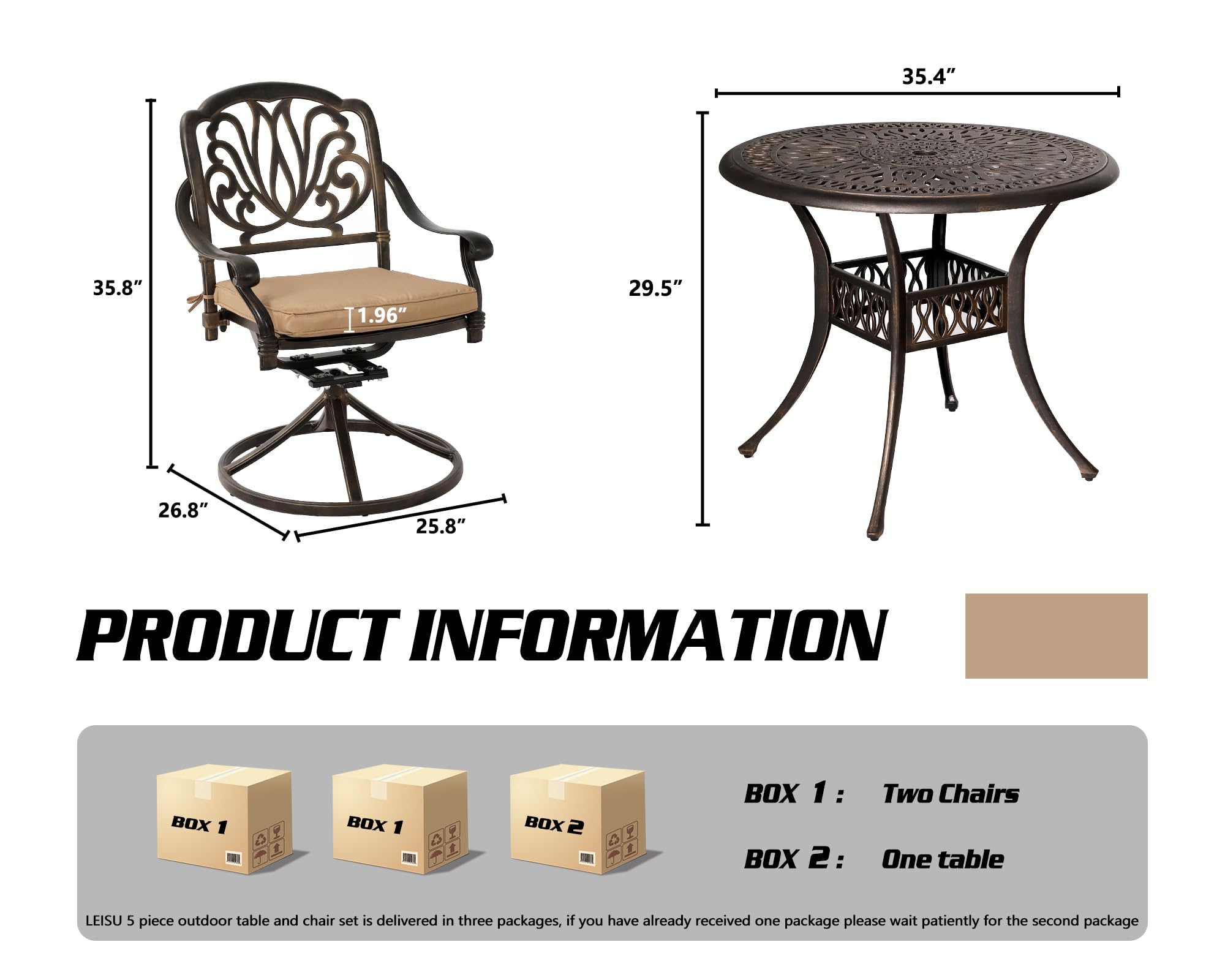 USSerenaY 5-Piece Outdoor Dining Set Cast Aluminum Patio Furniture Set All-Weather 4 Chairs and Dining Table with Umbrella Hole for Garden, Backyard (Swivel Rocker+Khaki Cushion, RoundTable)