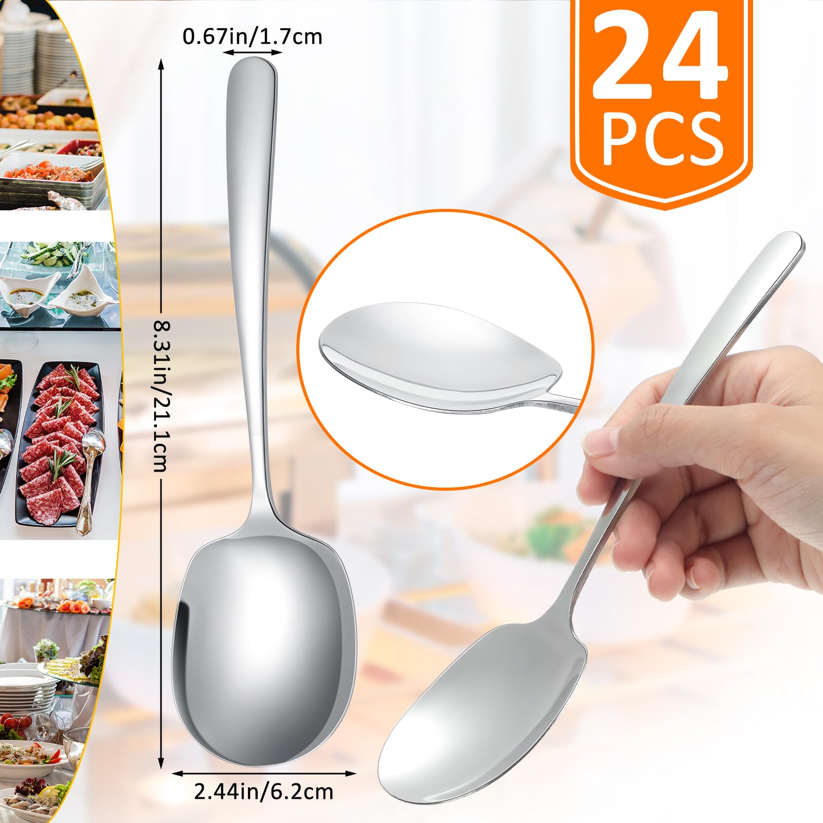 Uiifan 24 Pieces Serving Spoons Bulk 8.3 Inches Party Serving Spoons for Buffet Stainless Steel Serving Spoon Banquet Serving Utensils Spoons for Cooking Catering Food Kitchen, Silver, 8.3 x 2.4''