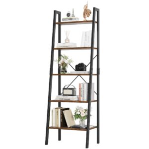 finetones 5-tier ladder shelf, ladder bookshelf bookcase with metal frame, plant rack display shelf accent furniture for home office, black/rustic brown