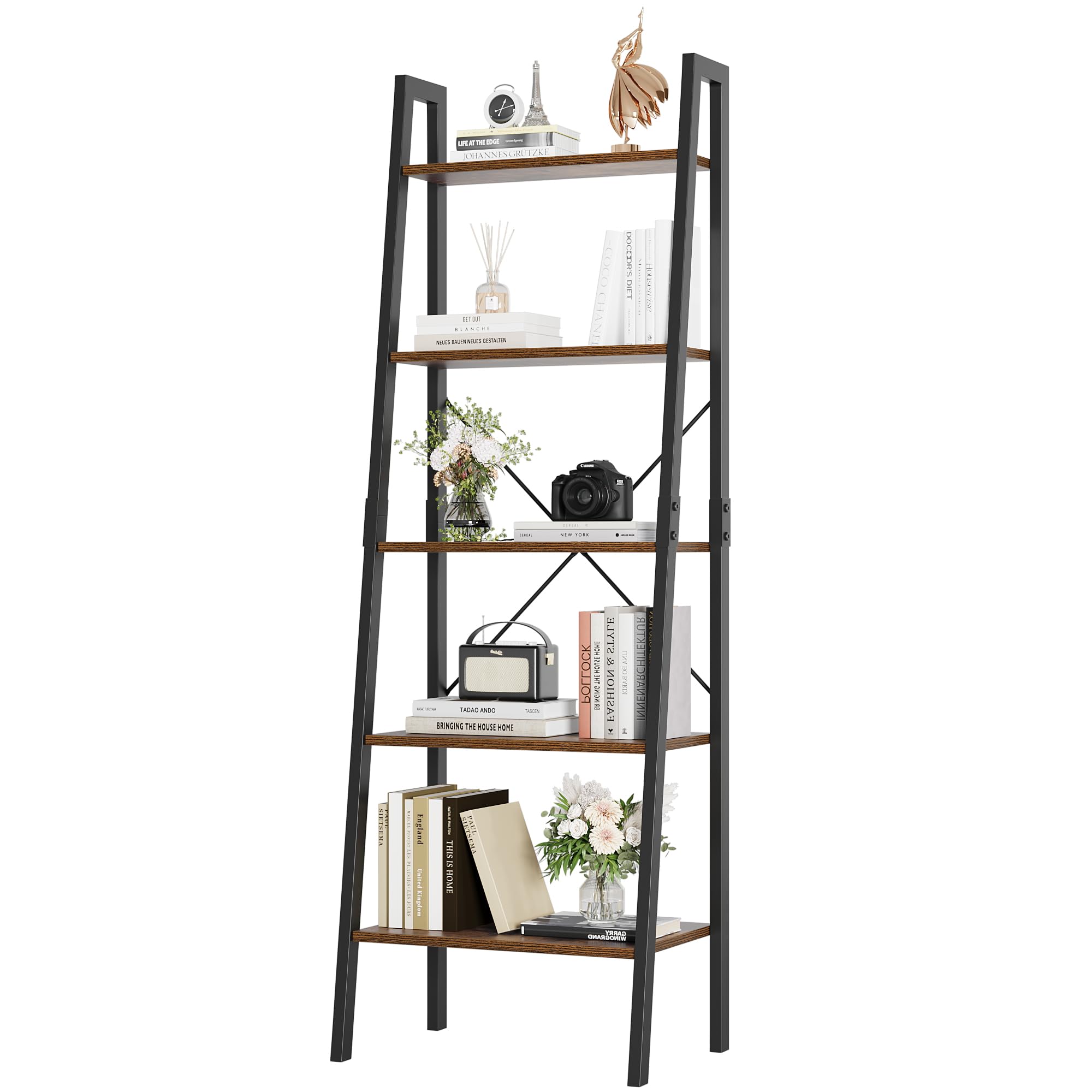 FINETONES 5-Tier Ladder Shelf, Ladder Bookshelf Bookcase with Metal Frame, Plant Rack Display Shelf Accent Furniture for Home Office, Black/Rustic Brown