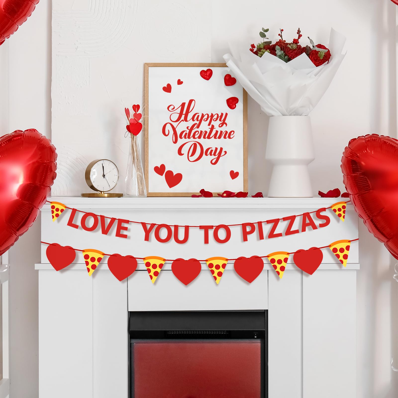 Hoolerry 2 Pcs Valentine's Day Love You to Pizzas Banner Pizza Heart Garland Pizza Party Decorations Supplies for Anniversary Wedding Baby Bridal Shower