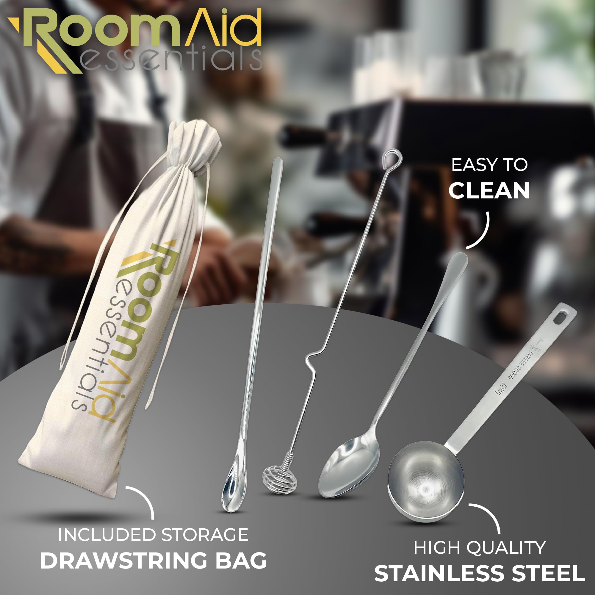 Stainless Steel Coffee Spoons - Beverage Mixing Spoons - Includes Long Iced Tea Stirring Spoon, Small Cocktail Stirrer, Blender Ball Swivel Stick, Coffee Scoop & Bag