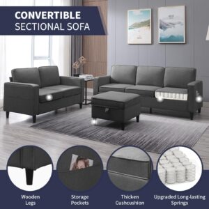 ijuicy 2PCS Sectional Sofa Set,3 Seat Couch & Loveseat Sofa with Side Pockets & Movable Storage Ottoman, Modern Convertible Upholstered Couches for Living Room,Office (3+2Seat/Dark Grey)