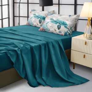 Bedbay 8 Pieces Nautical Bedding Sea Turtle Queen Comforter Set with Sheets Turquoise Comforter Retro Style Teen Girls Boys Turtle Bedding Set Ocean Themed Soft Fluffy Bed Set(Ocean,Queen)