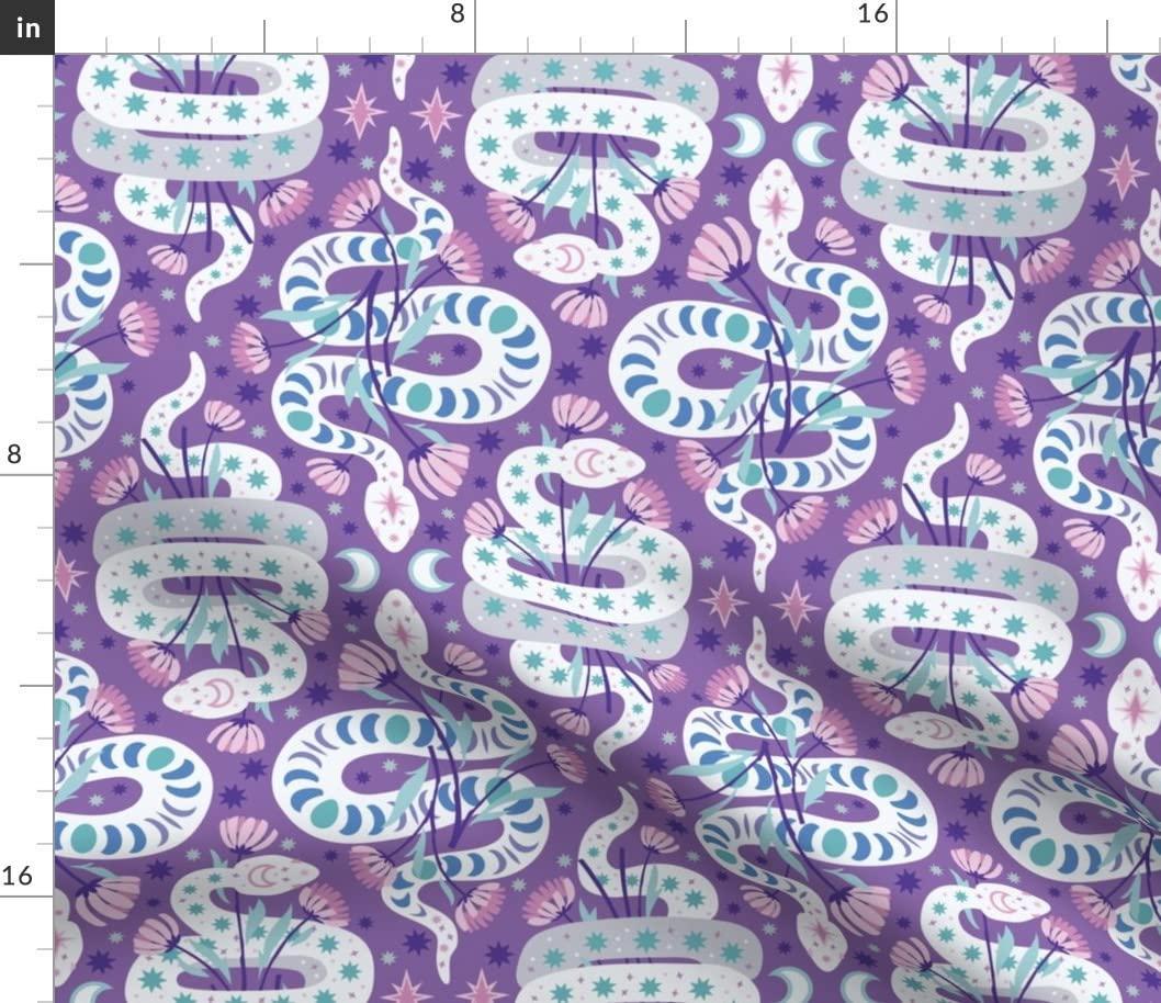 Spoonflower Fabric - Flowers Snakes Stars Floral Purple Damask Reptile Printed on Petal Signature Cotton Fabric Fat Quarter - Sewing Quilting Apparel Crafts Decor