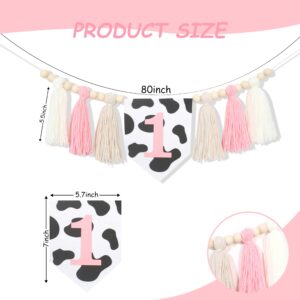 Holy Cow 1st Tassels Banner Birthday Decorations Girl - First Highchair Tassels Banner, High Chair Tassels Wood Beads Garland Party Supplies, Pink Black White, Photo Props, Handmade