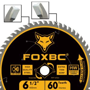 FOXBC 6-1/2 inch Circular Saw Blade Ultra Fine Finish 60-Tooth for Wood Cutting, Thin-Kerf with 5/8" Arbor