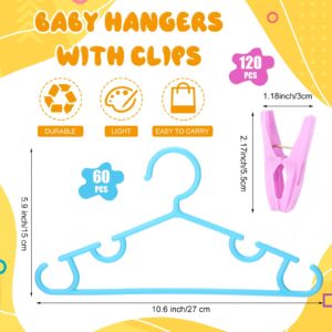 Wenqik 60 Pack Baby Hangers Plastic Kids Hanger with 120 Pcs Adjustable Clips Space Saving Toddler Clothes Hangers for Children Infant Nursery Closet Pants Coat Skirts, 10.6 x 5.9 Inch, Multicolor