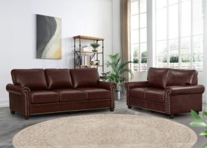 2 piece faux leather sofa set,modern couch and loveseat sets with storage,mid century couch with rivet rolled arm,comfy deep seat couch,furniture for living room,office(loveseat+3 seater,burgundy)