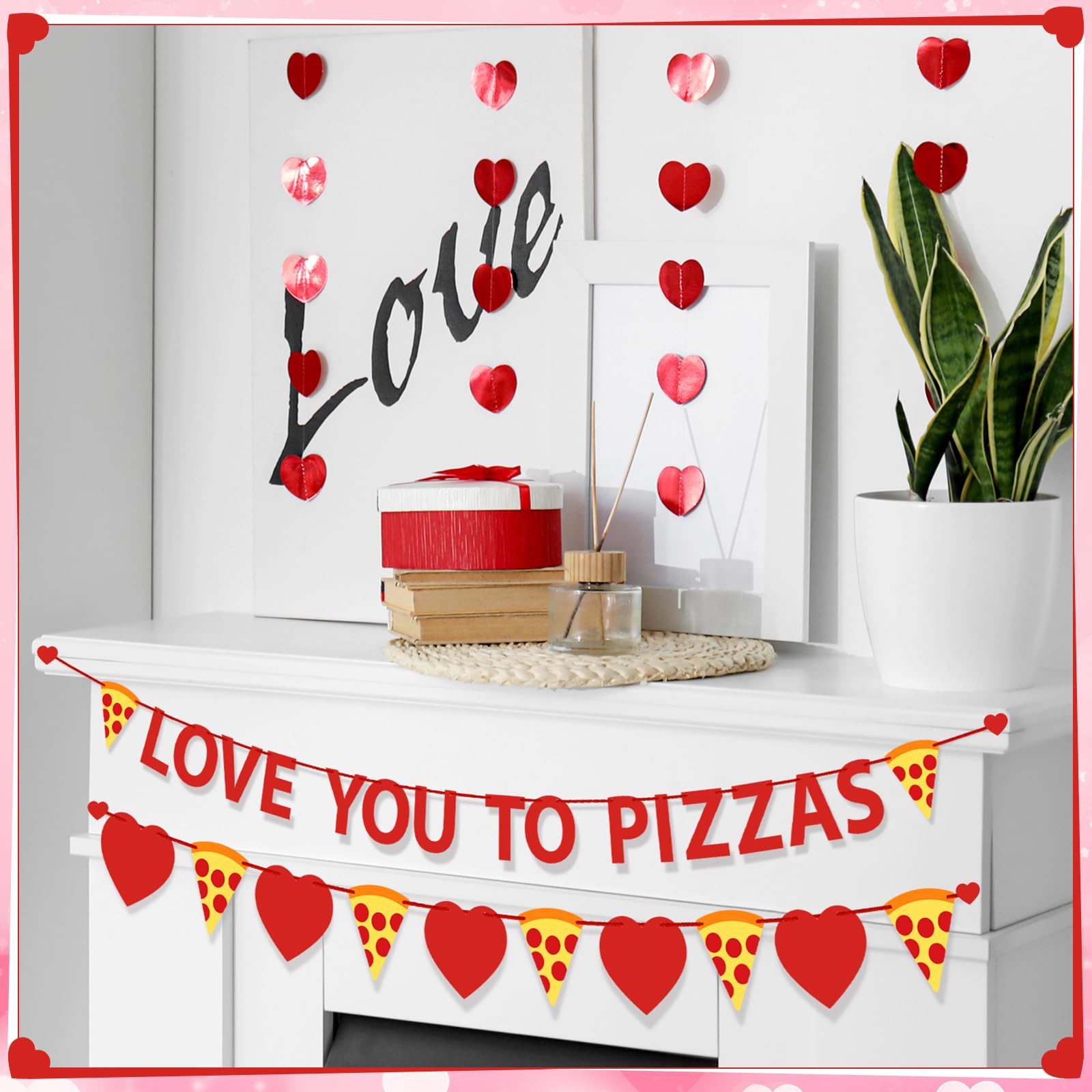 Hoolerry 2 Pcs Valentine's Day Love You to Pizzas Banner Pizza Heart Garland Pizza Party Decorations Supplies for Anniversary Wedding Baby Bridal Shower