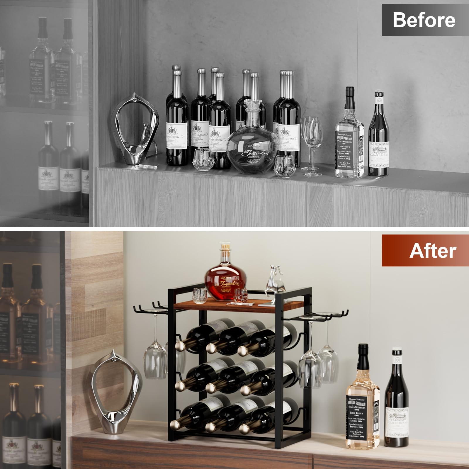 NANAGIFTREE Wine Rack Countertop, Wooden Wine Stand with Tray, Holds 9 Wine Bottles and 4 Glasses, Freestanding Wine Rack for Home, Kitchen, Bar, Wine Cellar