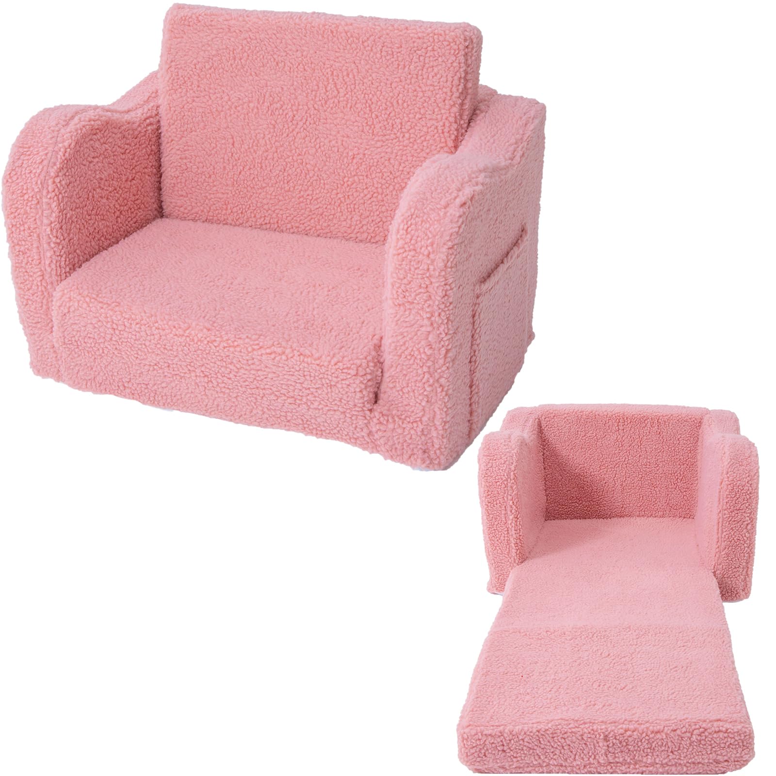 Furnishh Kids Sofa Couch Fold Out, Baby Toddler Comfy Soft Chair for Boys Girls, Flip Out Foldable Children 2 in 1 Convertible Sofa to Lounger, Folding Child Sleeper for Playroom, Pink