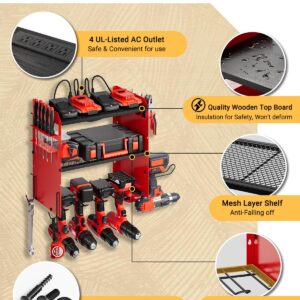 Dunatou Adjustable Power Tool Organizer Wall Mount with Charging Station, 6 Drill Holder & 4 Outlet, Wood Garage Tool Organizer Wall Mount Power Tool Rack with Hooks, Gift for Men