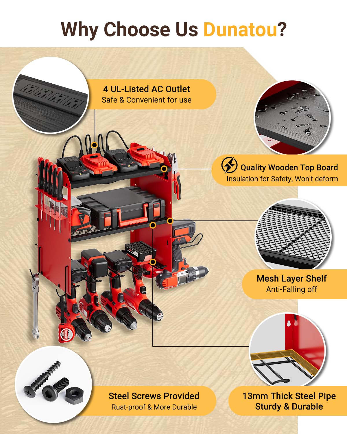 Dunatou Adjustable Power Tool Organizer Wall Mount with Charging Station, 6 Drill Holder & 4 Outlet, Wood Garage Tool Organizer Wall Mount Power Tool Rack with Hooks, Gift for Men