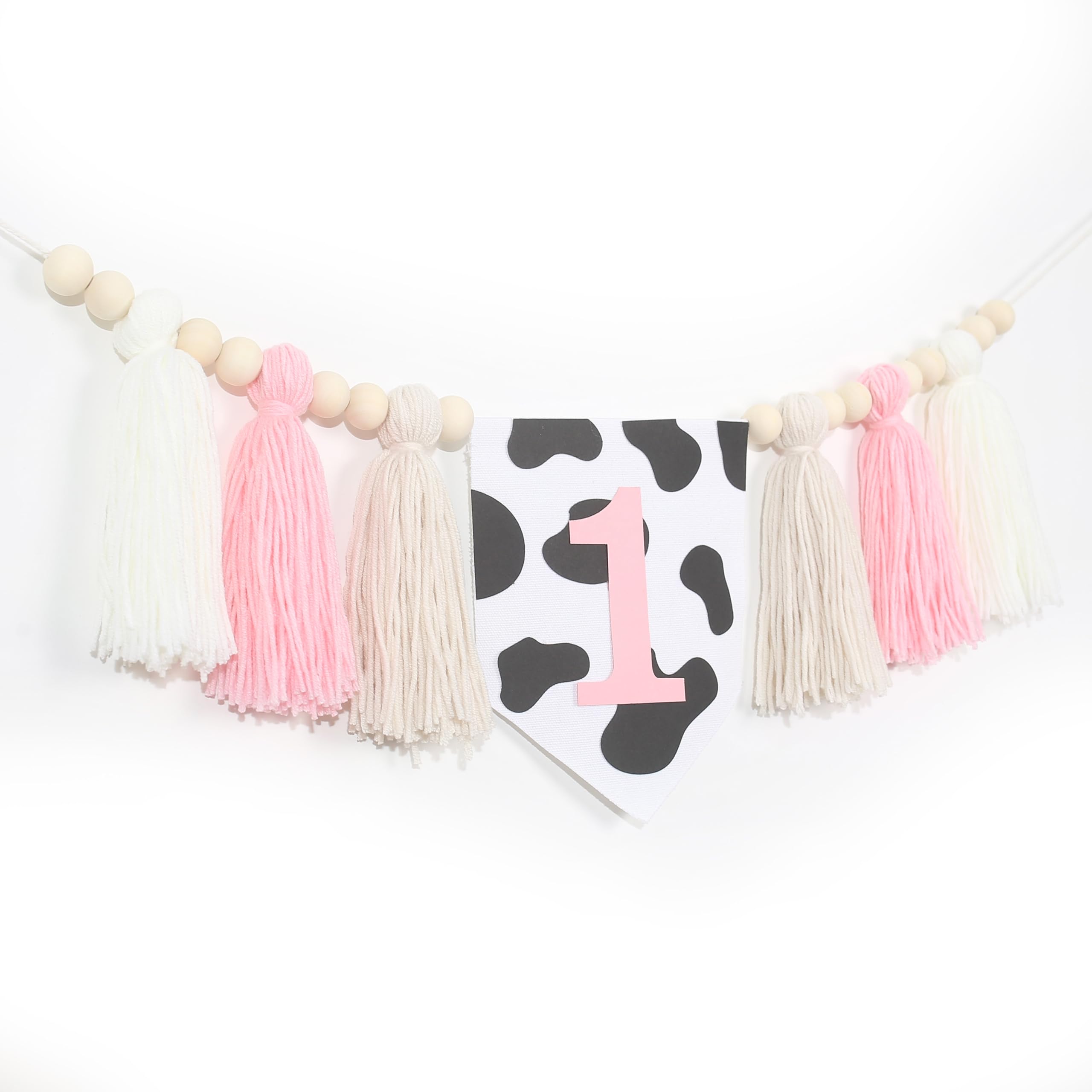 Holy Cow 1st Tassels Banner Birthday Decorations Girl - First Highchair Tassels Banner, High Chair Tassels Wood Beads Garland Party Supplies, Pink Black White, Photo Props, Handmade