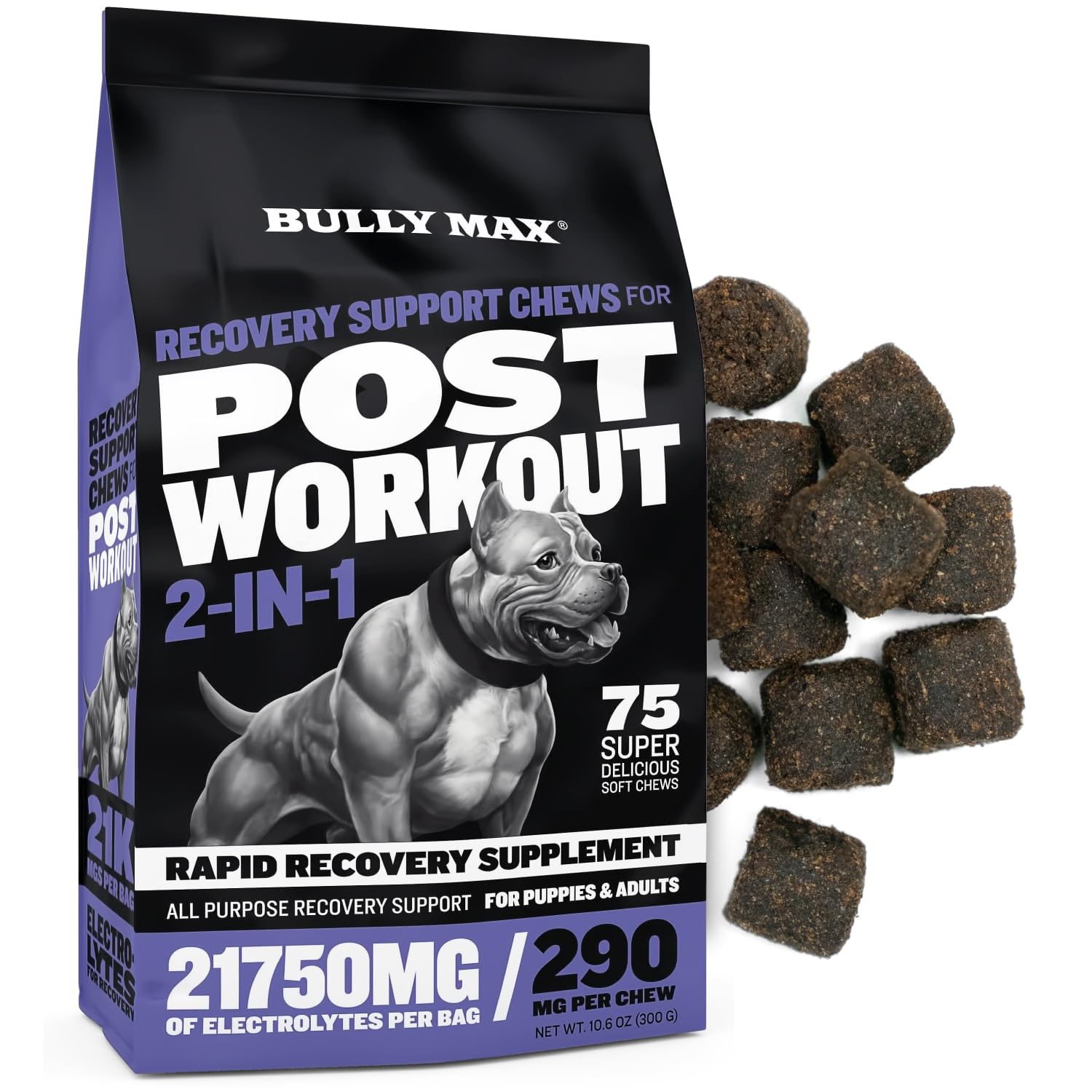 Bully Max 2-in-1 Post-Workout Recovery Support Chews - Dog Vitamins and Food Supplement for Small & Large Breeds - Puppy and Adult Dog Hydration & Electrolyte Replenishment - 75 Soft and Tasty Chews