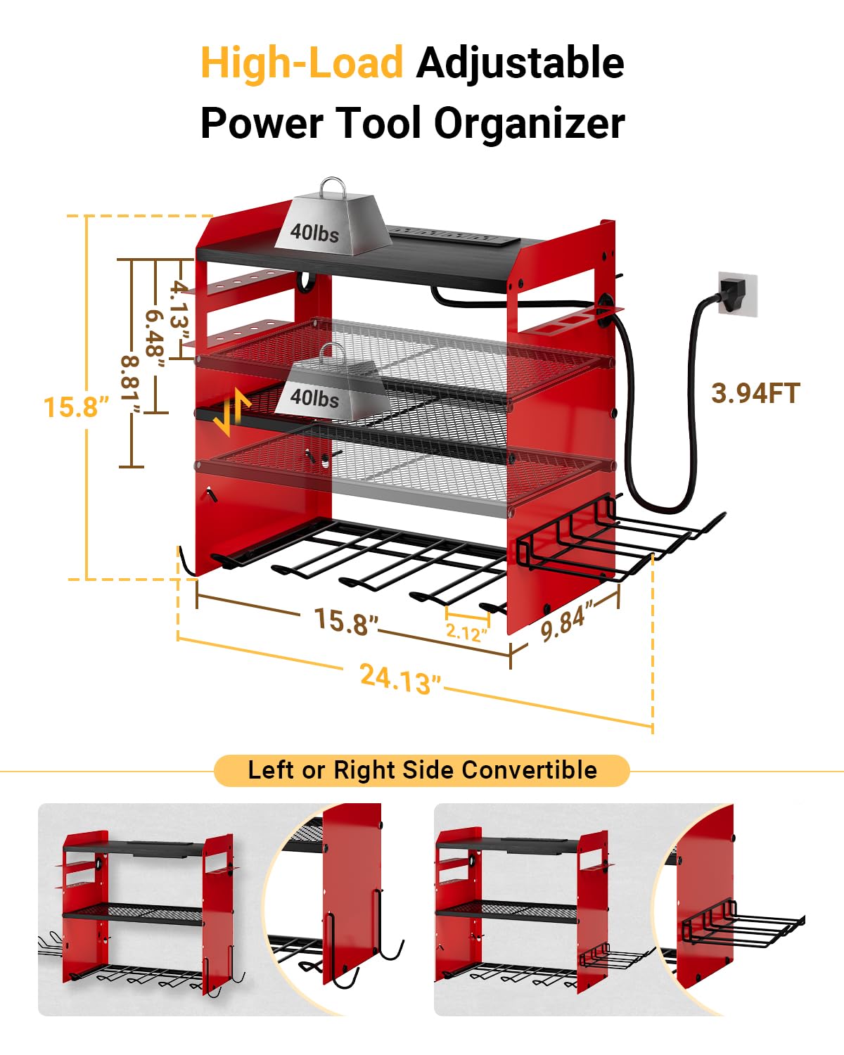 Dunatou Adjustable Power Tool Organizer Wall Mount with Charging Station, 6 Drill Holder & 4 Outlet, Wood Garage Tool Organizer Wall Mount Power Tool Rack with Hooks, Gift for Men