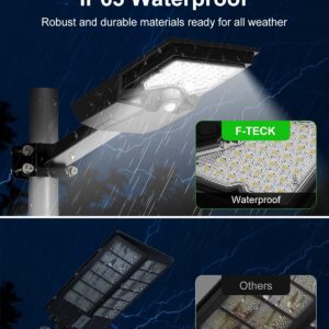 F-TECK Bright Solar Powered Street Lights Outdoor Motion Sensor Flood LED with Waterproof for Outside Backyard, Driveway, Parking Lot, Garage, Barn, Security Area Lighting with Remote Control Switch