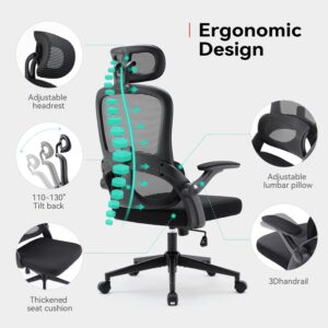 SIHOO M102C Ergonomic Mesh Office Chair, High Back Desk Chair with 3D Armrests, Up&Down Lumbar Support, Swivel Computer Task Chair with Adjustable 2D Headrest, Tilt Function Black