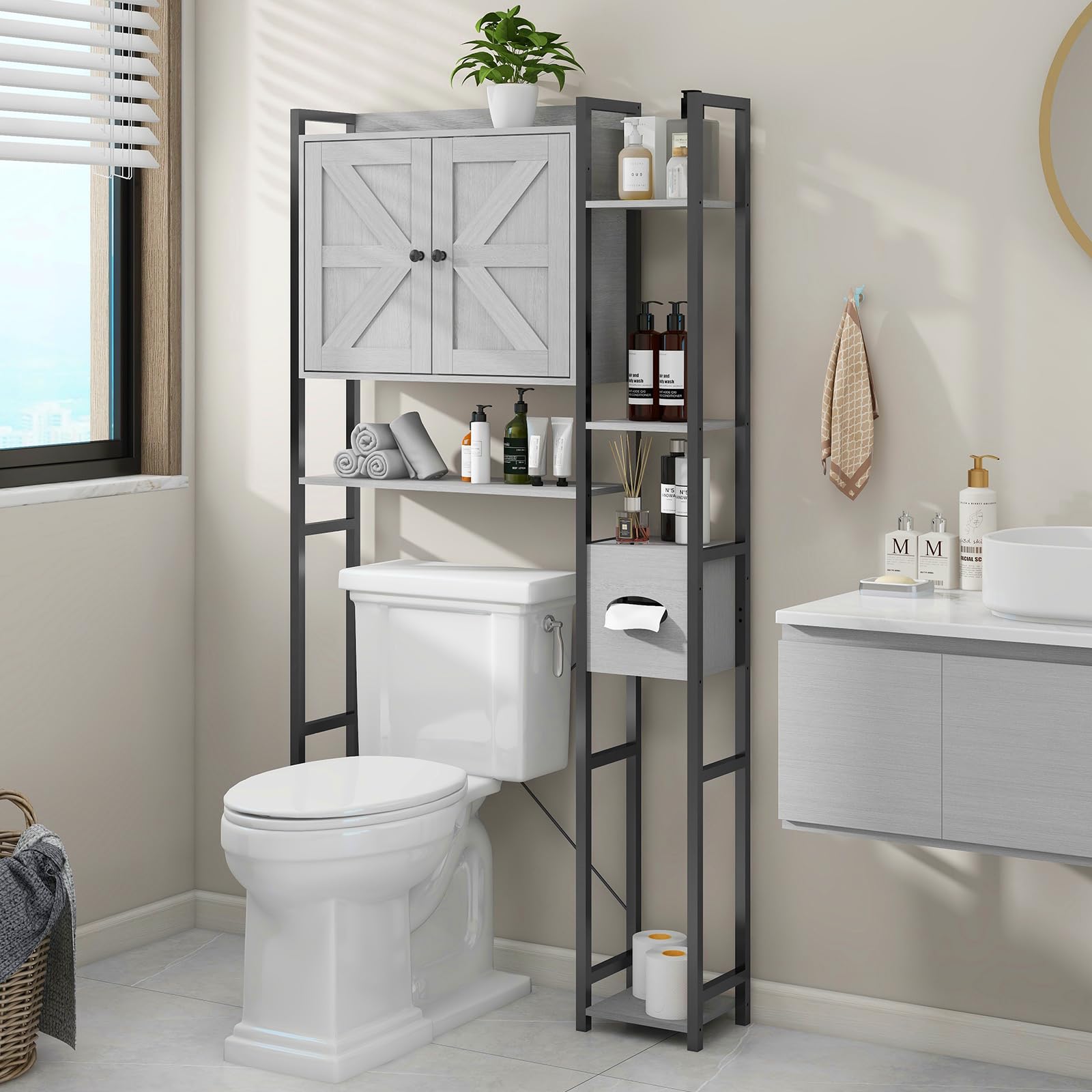 Befrases Grey Cabinet, Over The Toilet Storage Cabinet with 2 Doors, Multi Layer Shelves, Bathroom Laundry Room Small Spaces