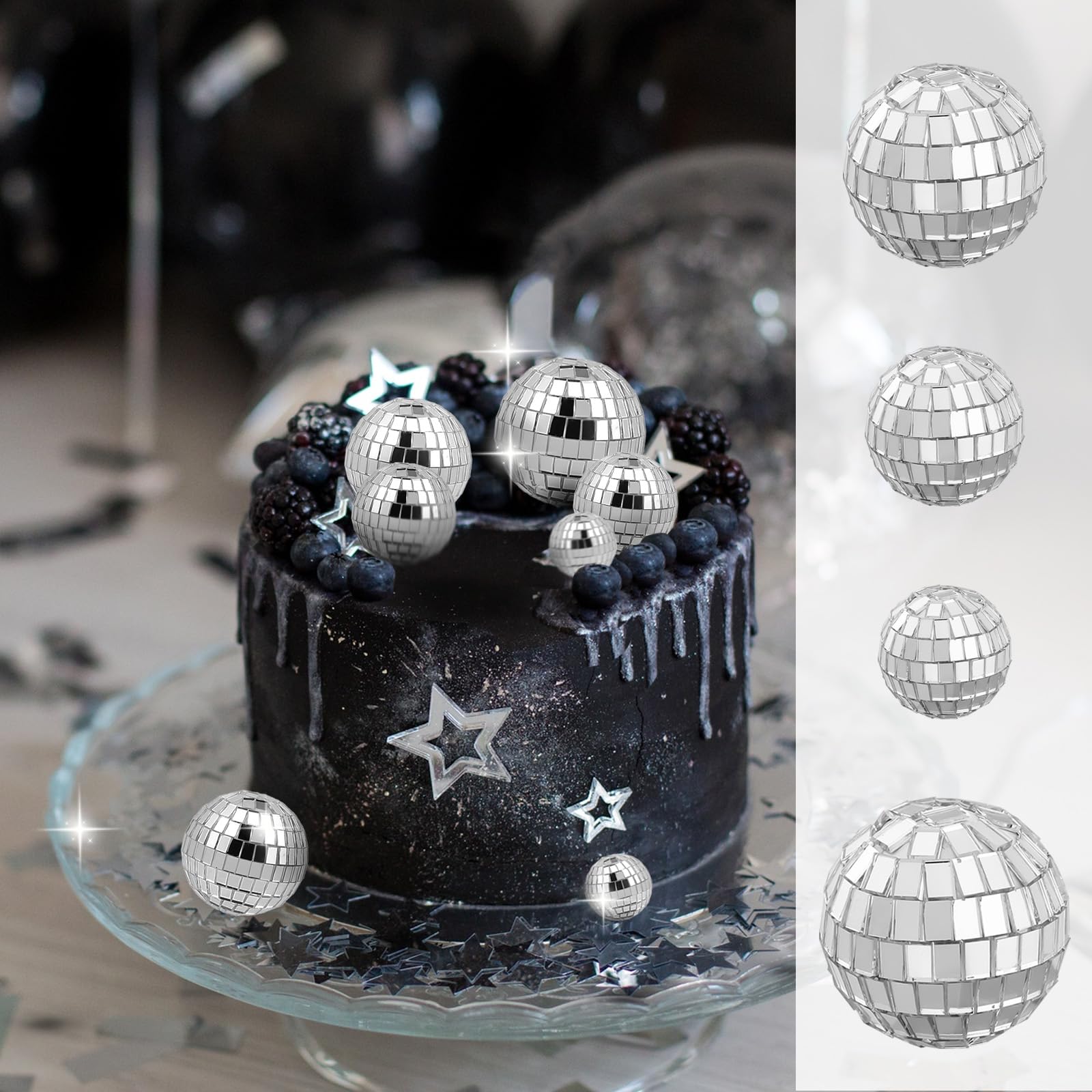 Abeillo 7PCS Disco Ball Cake Topper, Disco Ball Cake Decorations Different Sizes, 70s Disco Themed Dance Party Supplies, Small Disco Balls for Cake Dessert Christmas Party Ornament (Silver)