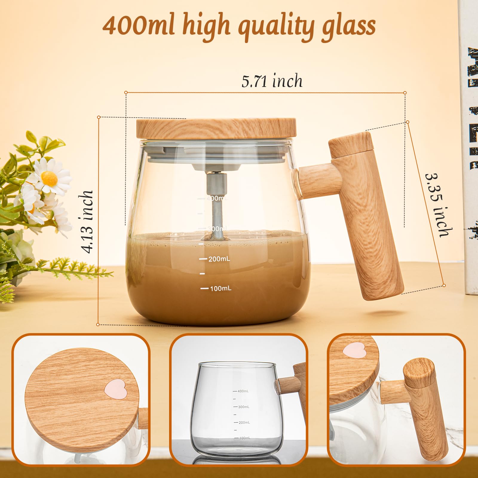 Self Stirring Mug , Electric High Speed Mixing Cup, 400ml Self Stirring Coffee Mug with Lid, High Borosilicate Glass Mug Home Office for Coffee, Milk, Protein (Not Included 2*aaa Battery ) (Round)