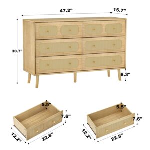 HOUROM Rattan Dresser for Bedroom, Modern 6 Drawer Double Dresser with Gold Handles, Natural Wood Storage Dressers & Chests of Drawers, 6 Drawer Dressers