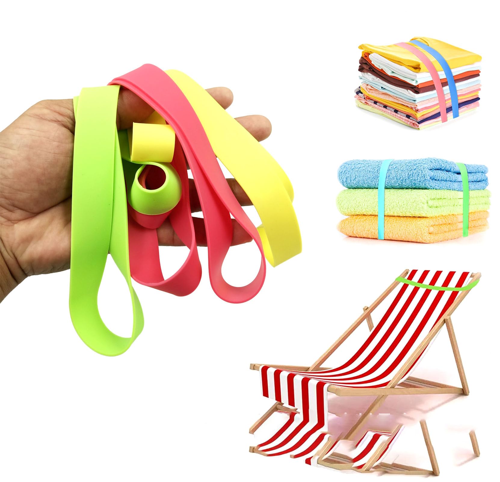 Beach Towel Bands, 6 Pcs 35 Inch Silicone Elastic Clips for Fastening Beach Chair Towels and Cruise Essentials (6)