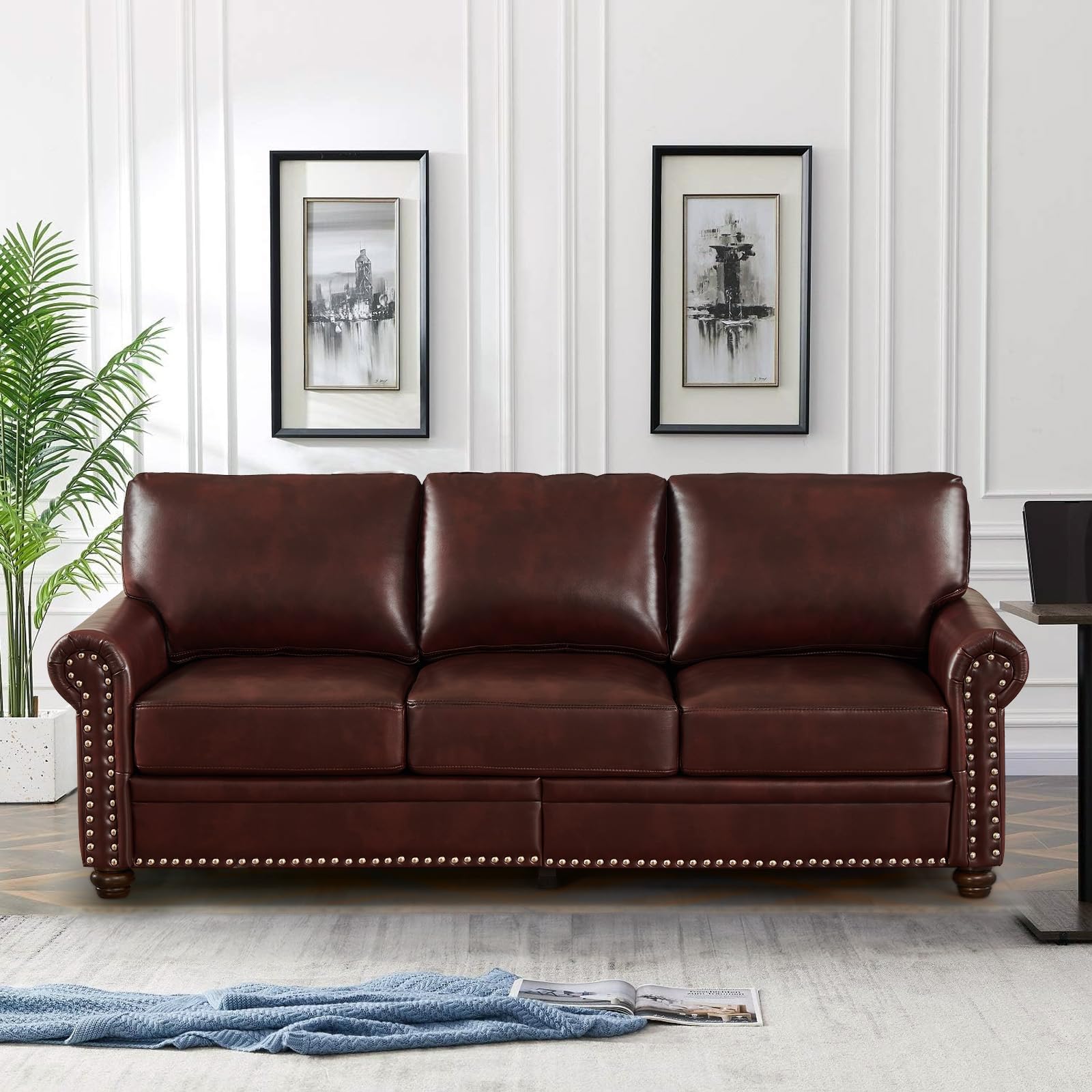 2 Piece Faux Leather Sofa Set,Modern Couch and Loveseat Sets with Storage,Mid Century Couch with Rivet Rolled Arm,Comfy Deep Seat Couch,Furniture for Living Room,Office(Loveseat+3 Seater,Burgundy)