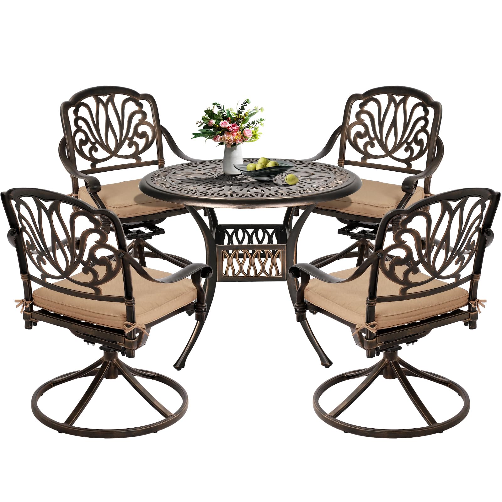 USSerenaY 5-Piece Outdoor Dining Set Cast Aluminum Patio Furniture Set All-Weather 4 Chairs and Dining Table with Umbrella Hole for Garden, Backyard (Swivel Rocker+Khaki Cushion, RoundTable)