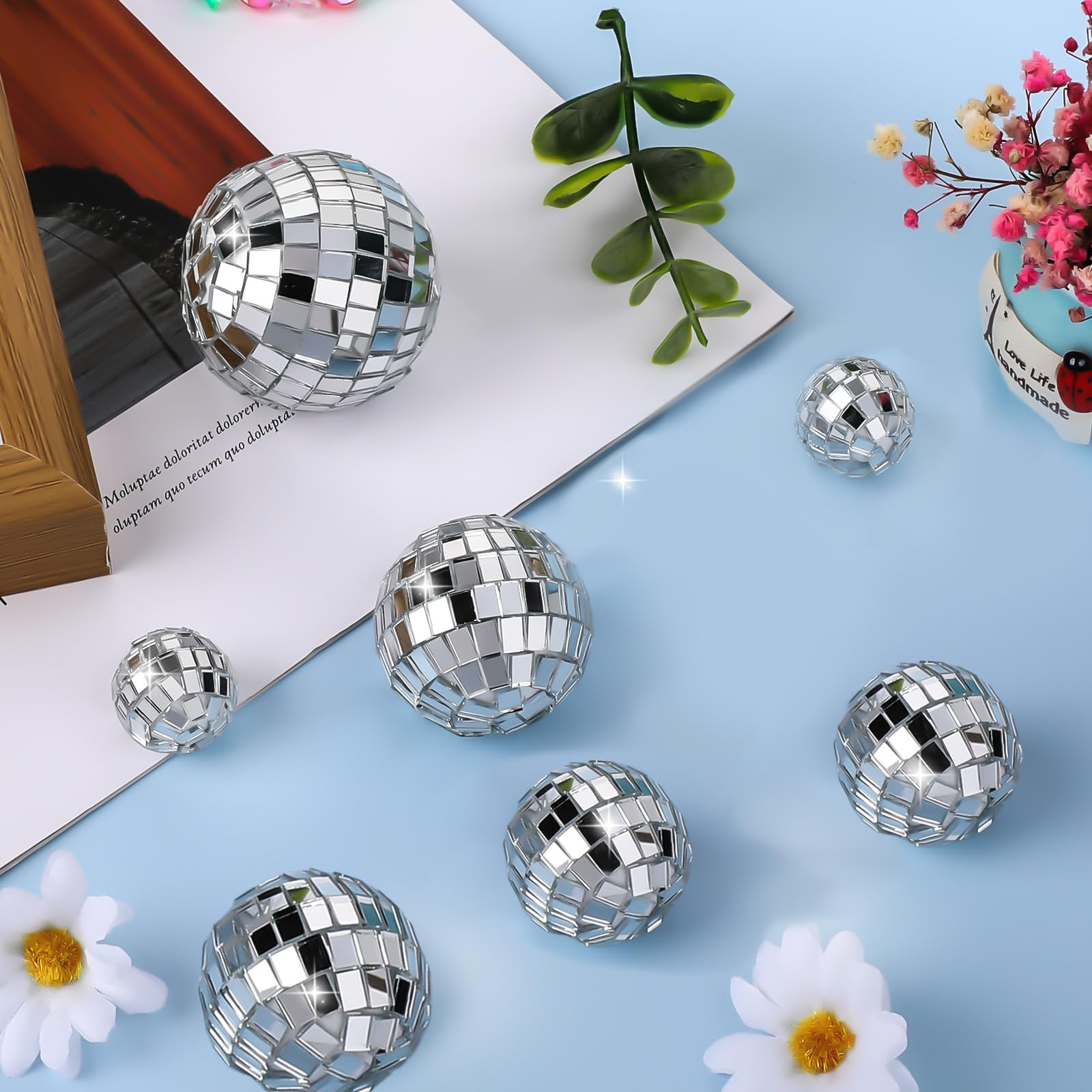 Abeillo 7PCS Disco Ball Cake Topper, Disco Ball Cake Decorations Different Sizes, 70s Disco Themed Dance Party Supplies, Small Disco Balls for Cake Dessert Christmas Party Ornament (Silver)