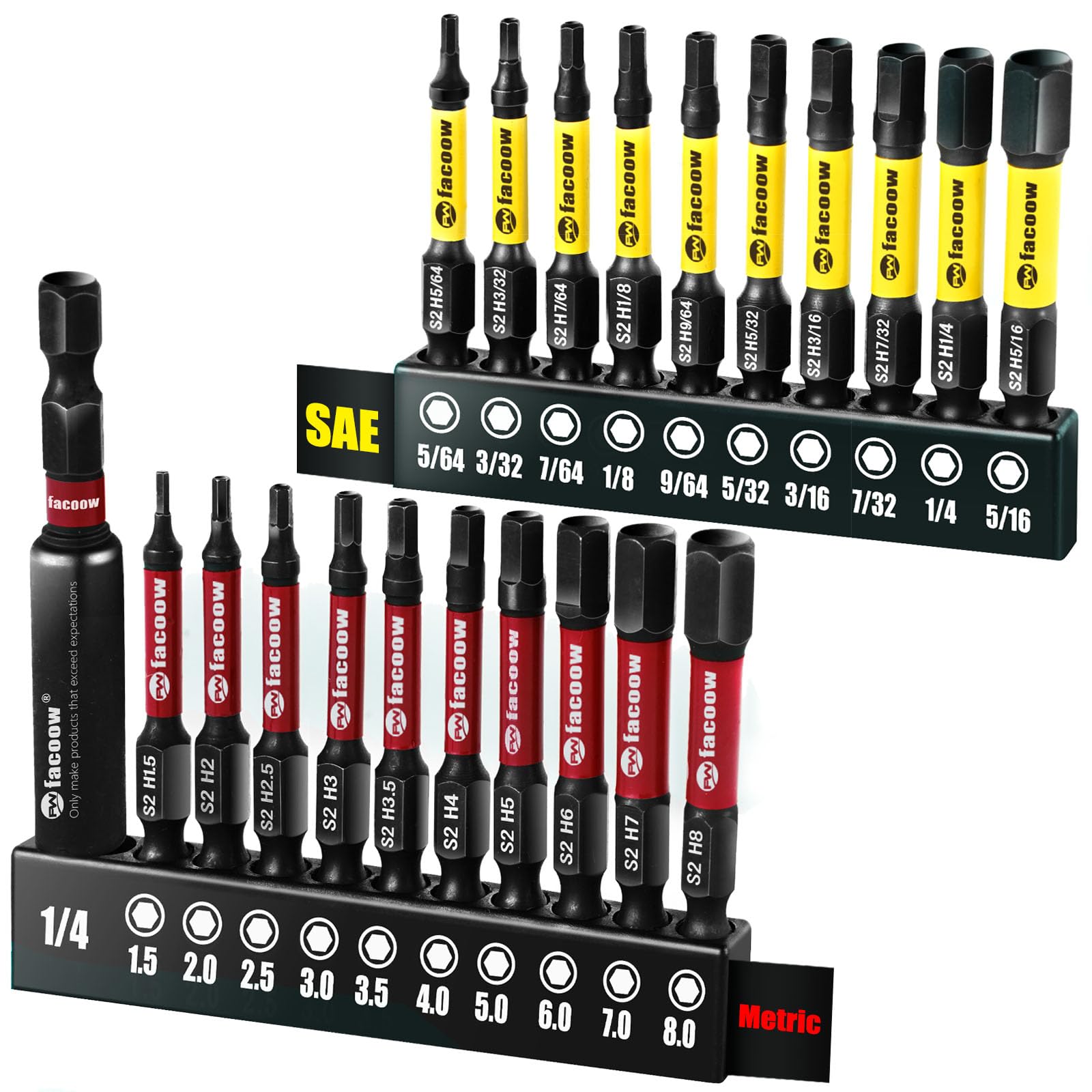 Facoow Hex Bit Set, S2 Alloy Steel Allen Wrench Drill Bit Set with Magnetic Tips, 1/4 Hex-shank 2" Impact Allen Key Bits Set with 2.3" Hex Extension, Precision CNC Machining, 20+1 Pack(Metric&SAE)