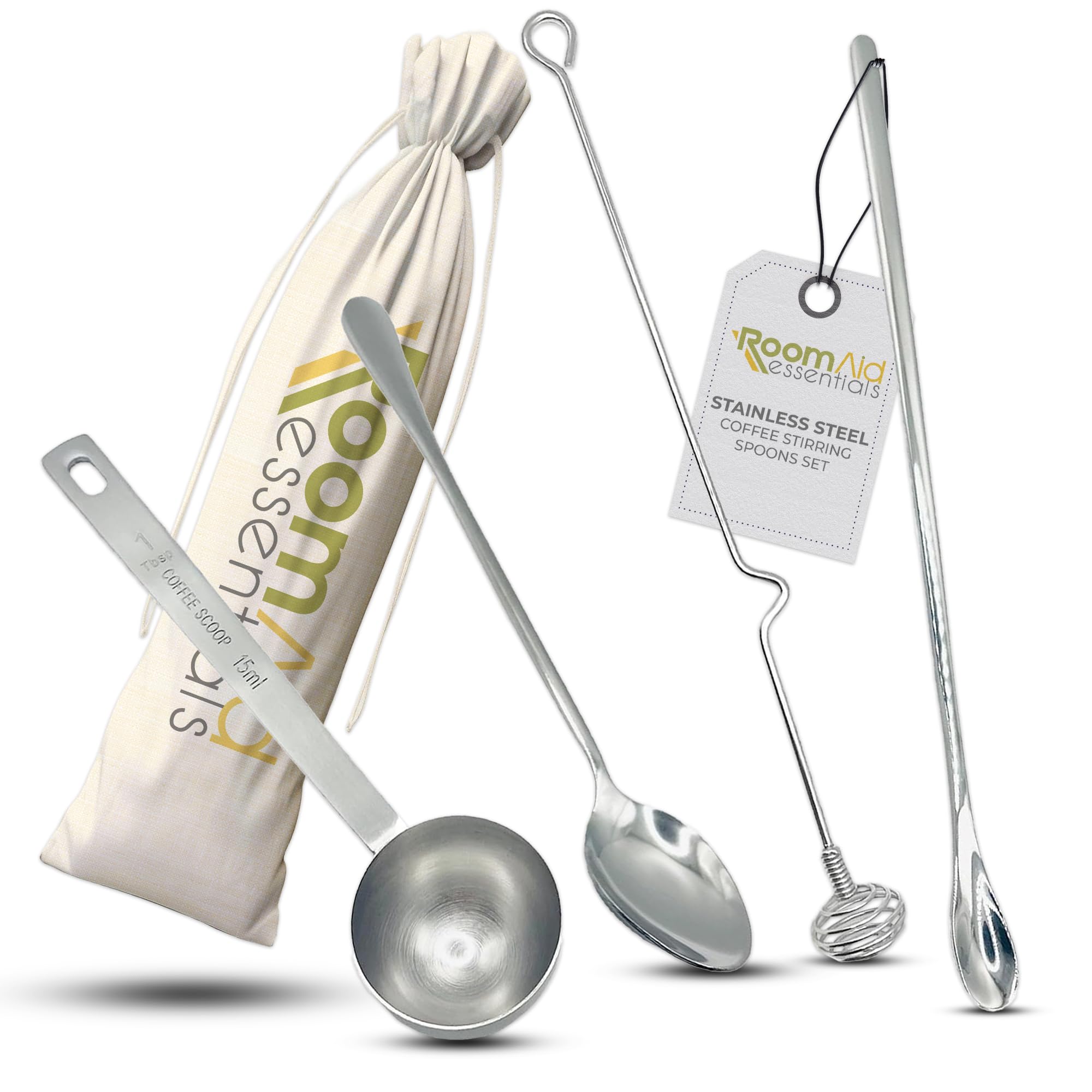 Stainless Steel Coffee Spoons - Beverage Mixing Spoons - Includes Long Iced Tea Stirring Spoon, Small Cocktail Stirrer, Blender Ball Swivel Stick, Coffee Scoop & Bag