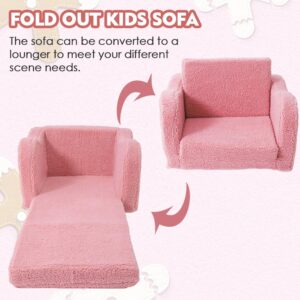 Furnishh Kids Sofa Couch Fold Out, Baby Toddler Comfy Soft Chair for Boys Girls, Flip Out Foldable Children 2 in 1 Convertible Sofa to Lounger, Folding Child Sleeper for Playroom, Pink