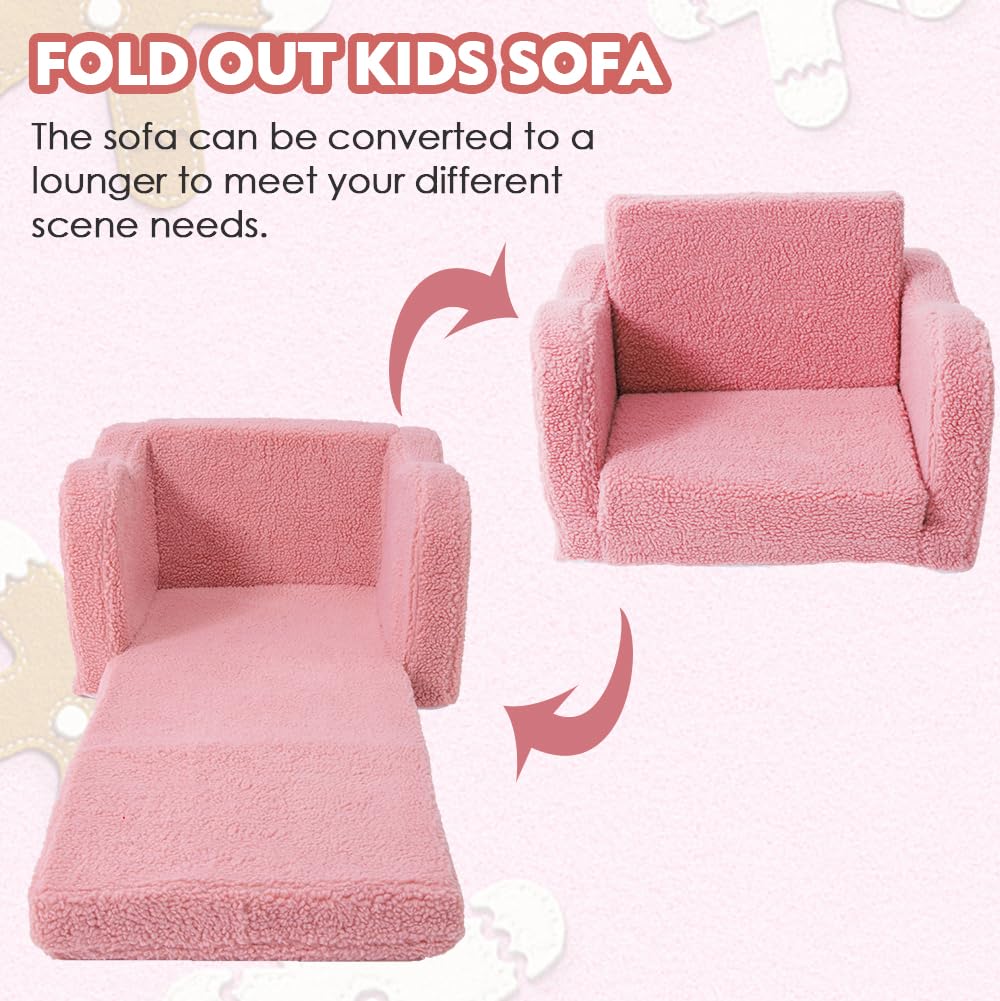 Furnishh Kids Sofa Couch Fold Out, Baby Toddler Comfy Soft Chair for Boys Girls, Flip Out Foldable Children 2 in 1 Convertible Sofa to Lounger, Folding Child Sleeper for Playroom, Pink