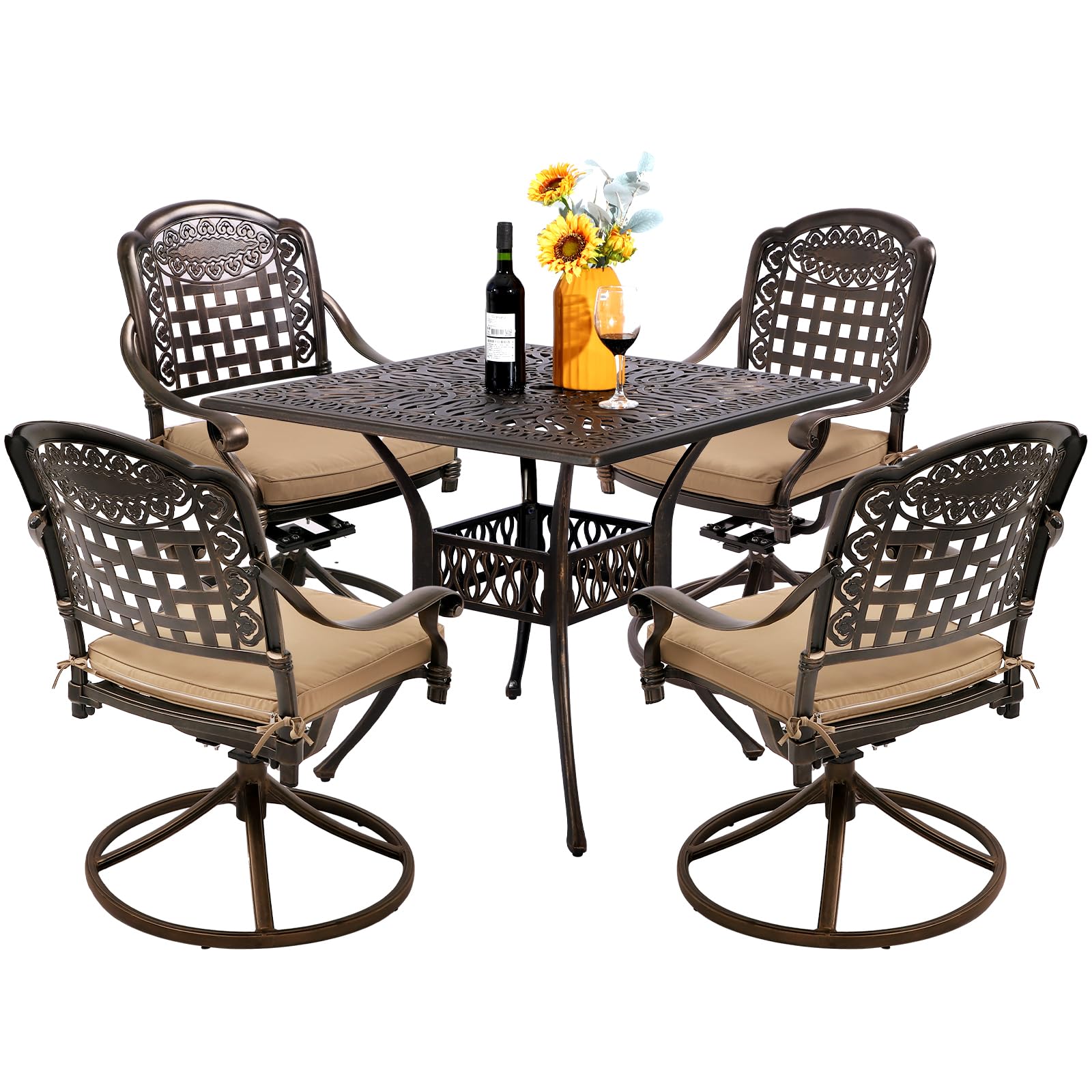 USSerenaY 5-Piece Outdoor Dining Set Cast Aluminum Patio Furniture Set All-Weather 4 Chairs and Dining Table with Umbrella Hole for Garden, Backyard (Braided+Khaki Cushion, Square Table)