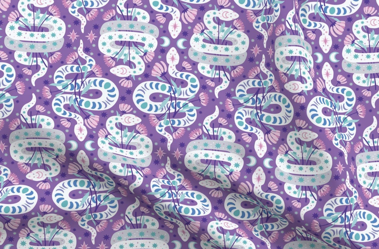 Spoonflower Fabric - Flowers Snakes Stars Floral Purple Damask Reptile Printed on Petal Signature Cotton Fabric Fat Quarter - Sewing Quilting Apparel Crafts Decor