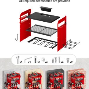 Dunatou Adjustable Power Tool Organizer Wall Mount with Charging Station, 6 Drill Holder & 4 Outlet, Wood Garage Tool Organizer Wall Mount Power Tool Rack with Hooks, Gift for Men